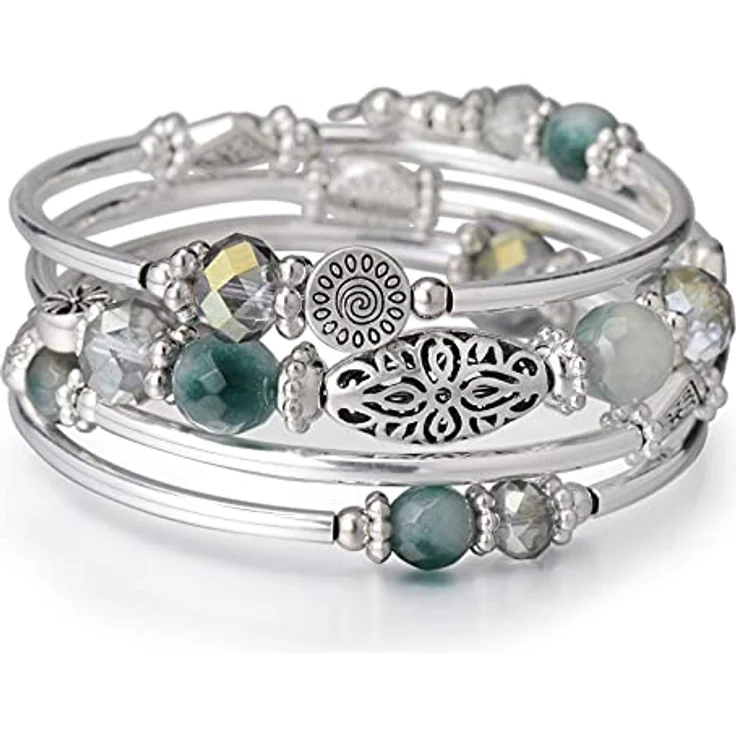 FULU AUTUMN Damen Boho Armband, mehrschichtiges Perlen Wickelarmband aus versilberter Legierung, Modeschmuck in Grün, Geschenkidee für Geburtstag und Muttertag – Bild 1