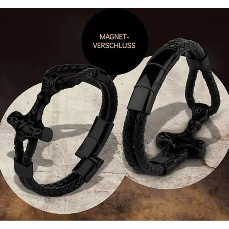 VIKING CRAFT Thor Lederarmband Mjölnir, 21 cm, schwarzes Wikinger Schmuck für Herren aus Leder und Edelstahl – Bild 5