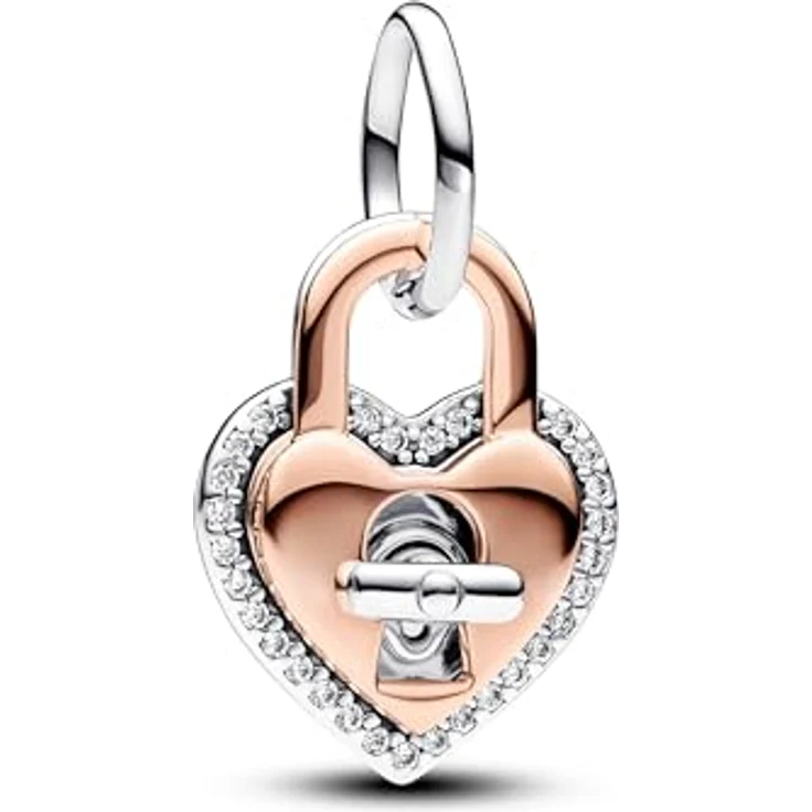 PANDORA Moments Bicolor Drehbares Herz-Schloss Doppelter Charm-Anhänger, Sterling Silber mit 14 Karat rosévergoldeter Metalllegierung und Zirkonia, kompatibel mit Moments Armbändern – Bild 1