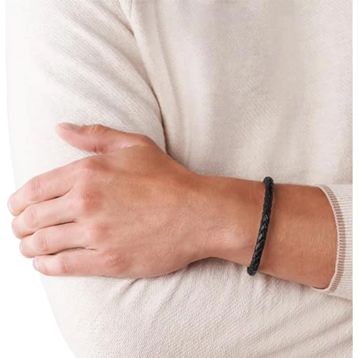 Fossil Herren Armband aus echtem Leder oder Edelstahl, verstellbarer Verschluss, schwarz und silber, Gesamtlänge 2022 cm – Bild 2
