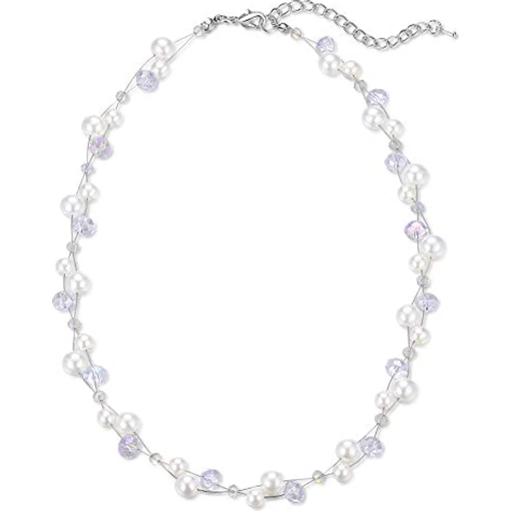 Bulinlin Damen Kristall Perlenkette, Silber Boho Statement Choker Halskette, 17-Zoll + 3-Zoll Verlängerung, weiß – Bild 1
