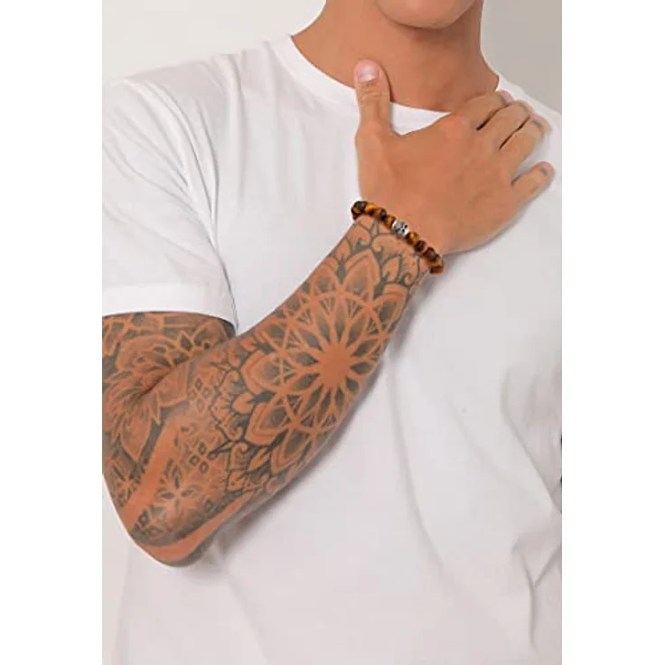 Kuzzoi Buddha Herren Armband Tigerauge (braun), Stretch-Perlen mit 925 Sterling Silber Totenkopf Bead, Chakra Yogaarmband, Länge 21 cm – Bild 5