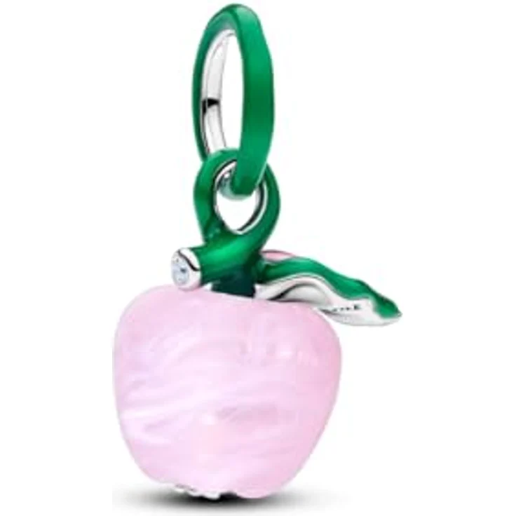 PANDORA Charm Murano Apfel Rosa, Anhänger aus 925 Sterling Silber mit pinkem Muranoglas und grüner Emaille, kompatibel mit Moments, 794485C01 – Bild 1