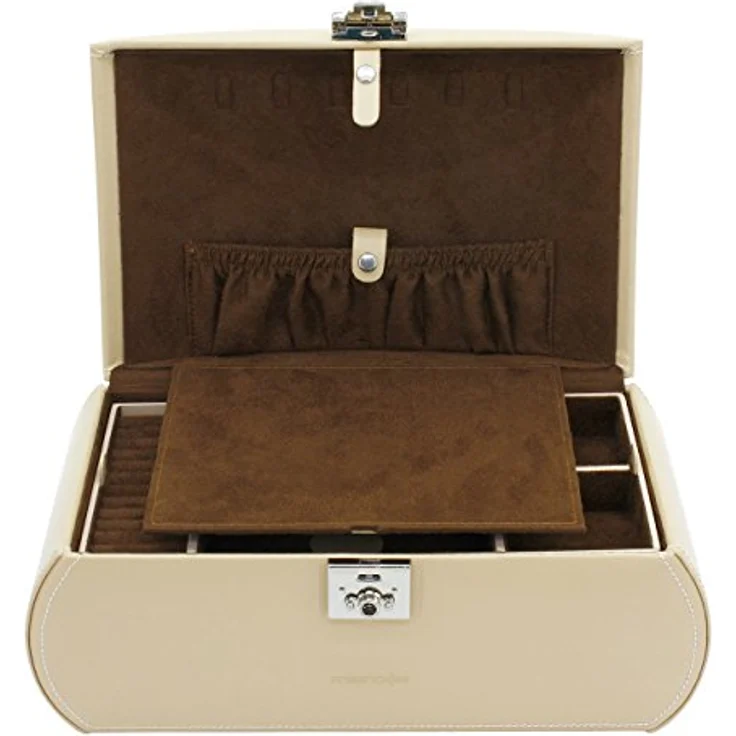 Friedrich|23 Schmuckkoffer Cordoba, beiger Echtleder, abschließbar, mit Spiegel, 30,5 x 18,5 x 14,5 cm, inkl. Ohrringleisten und Uhrenkissen – Bild 3