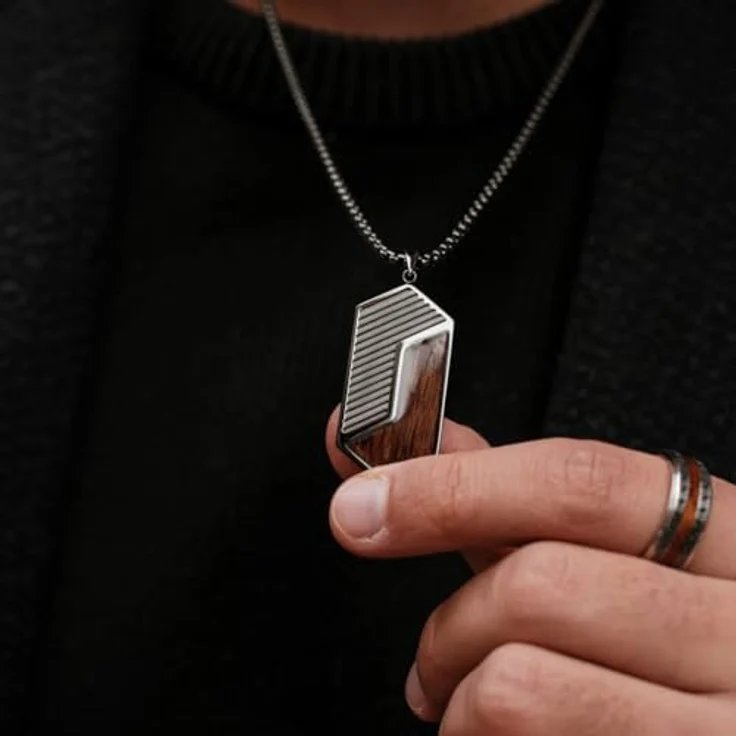 HOLZKERN Herren-Halskette Zigzag, Edelstahl mit Walnuss und dunkelgrauer Plattierung, Dog Tag Anhänger, 55 cm plus 5 cm Verlängerung – Bild 5