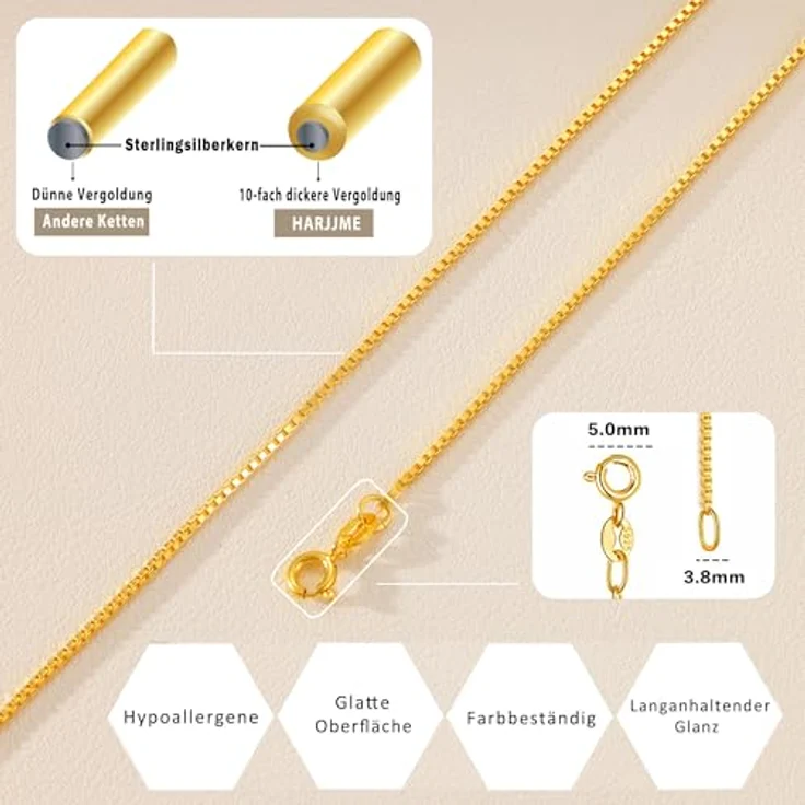 HARJJME Sterlingsilber Kette Damen 925, 1mm dünne Venezianierkette gold/silber, 18 Karat vergoldet, wasserfest, hypoallergen, 40/45/50/55 cm Längen wählbar – Bild 5