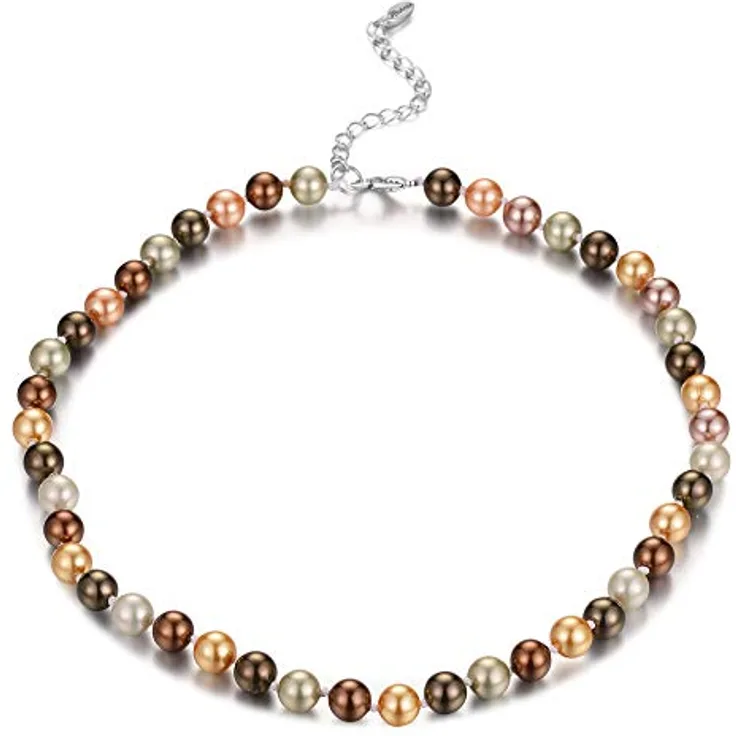 Bulinlin Damen Muschel Perlenkette, Boho Statement Choker Halskette, 8mm Brown, perfekte Geschenkidee