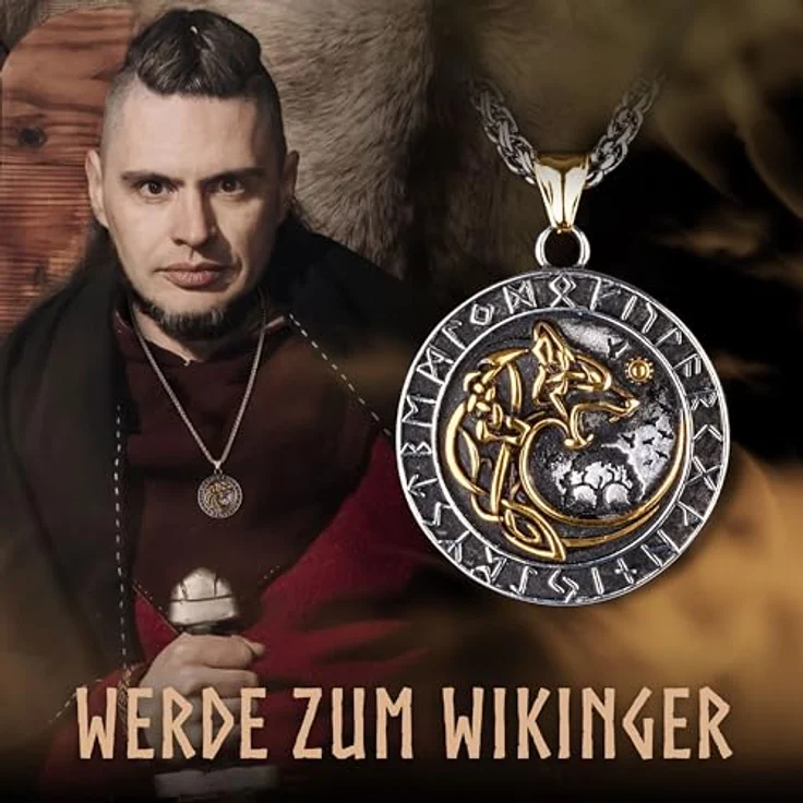 VIKING CRAFT Fenrir + Vegvisir Halskette aus Edelstahl, zweiseitig, 60cm, Wikinger Schmuck mit Wolf Amulett und Kompass, ideal als Geschenk für Männer, LARP Deko – Bild 2