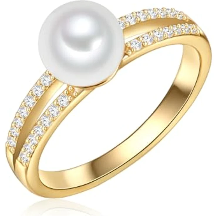 Valero Pearls Damen Ring 925/- Sterling Silber gelbvergoldet mit weißer Süßwasser-Zuchtperle 7,0-8,0 mm und Zirkonia – Bild 1