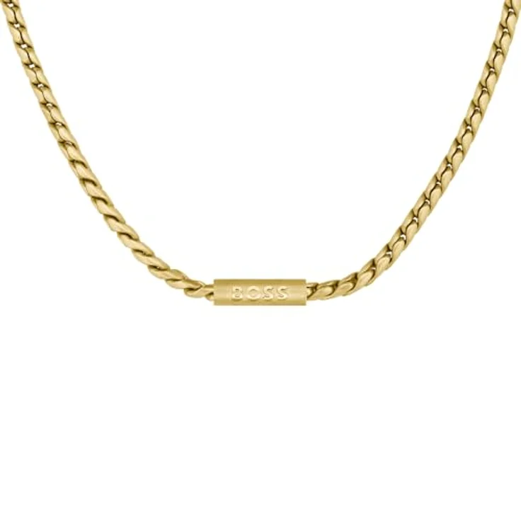BOSS Doran Herren Gliederhalskette aus Gelbgold, geflochtenes Design mit gravierter Plakette, 558 mm, magnetischer Kugelverschluss – Bild 2