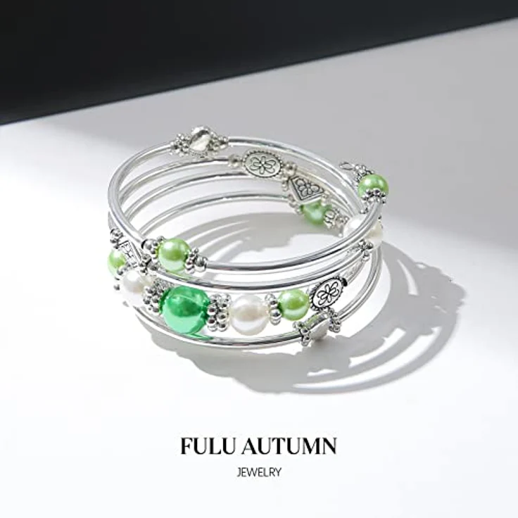 FULU AUTUMN Boho Wickelarmband, Mehrschichtiges Perlenarmband in Grün mit Silberakzenten, Modeschmuck für Damen, Geschenkideen zum Geburtstag und Muttertag – Bild 2