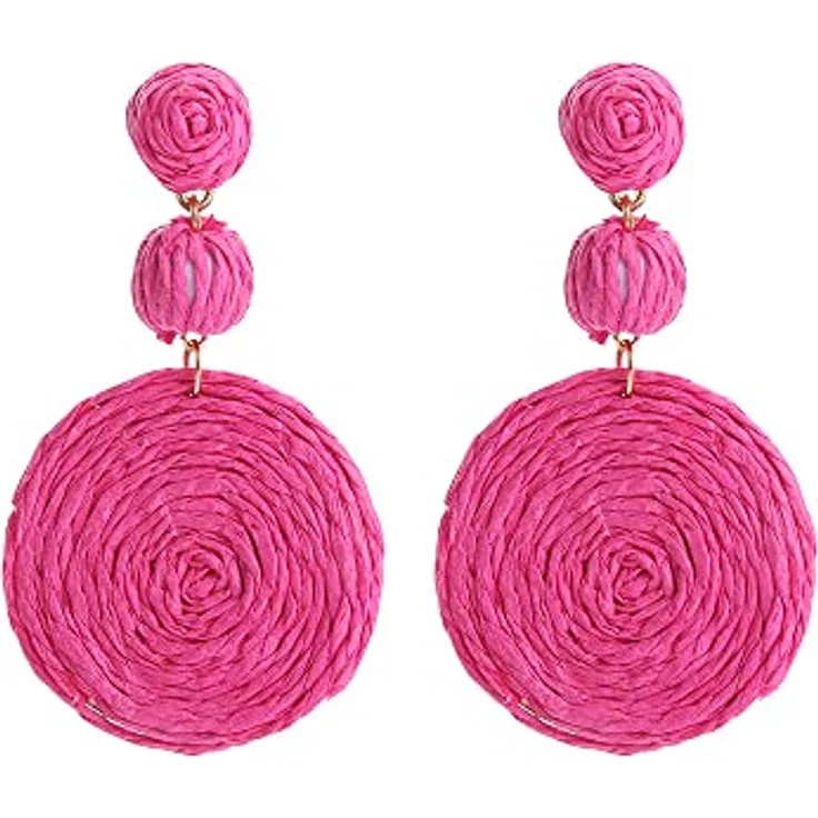 FDEETY Raffia Ohrringe für Frauen, Handgemachte Boho-Stil Creolen in Rosarot, Leichtgewichtige geometrische Tropfenohrringe aus natürlicher Rattanfaser