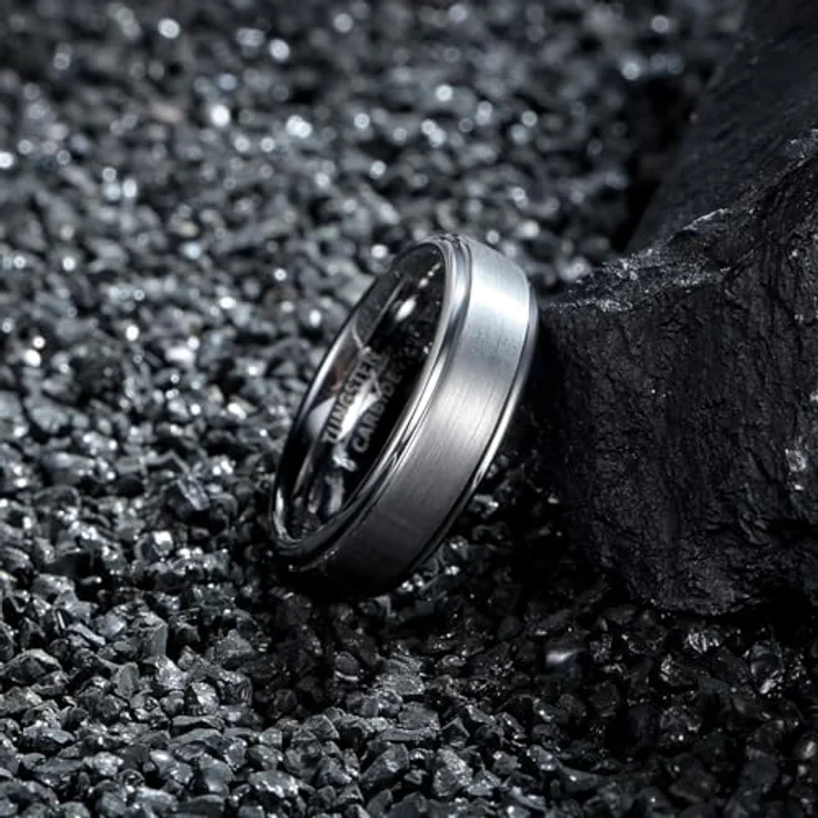 083BASE Wolframkarbid Ring – Silber und Schwarz, 6mm/8mm Breite, Gebürstetes Design, Unisex Verlobungsring oder Partnerring – Bild 3