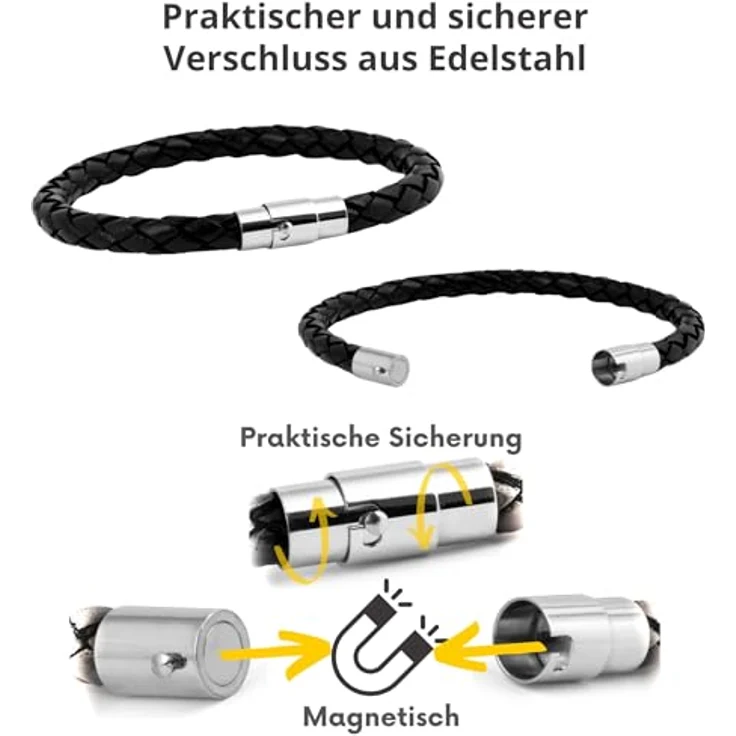 Simaru Handgeflochtenes Echtlederarmband, Schwarz, mit Magnetverschluss (23cm - XXL) für Damen & Herren – Bild 2