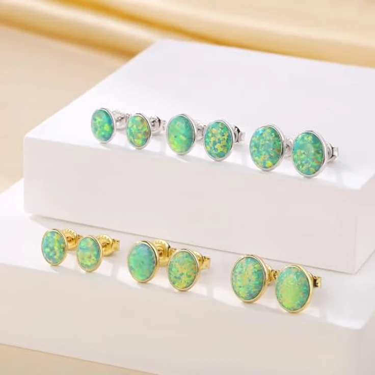 Jiahanzb Opal Ohrringe, 925 Sterling Silber, Ovale Ohrstecker in Grün, Hypoallergen, 7 mm, Vergoldet – Bild 3