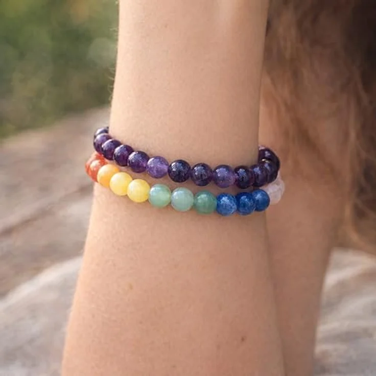 Lebensquelle Plus Kugelarmband, 8 mm Edelsteinarmband mit dehnbarem Band und Edelsteinkarte, Chakra-Design – Bild 3
