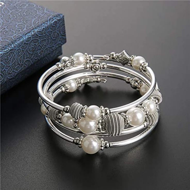 Bulinlin Silber Wickelarmband mit Naturstein Perlen, mehrschichtiges Boho Damenarmband in Weiß, ideales Geburtstagsmodegeschenk – Bild 3