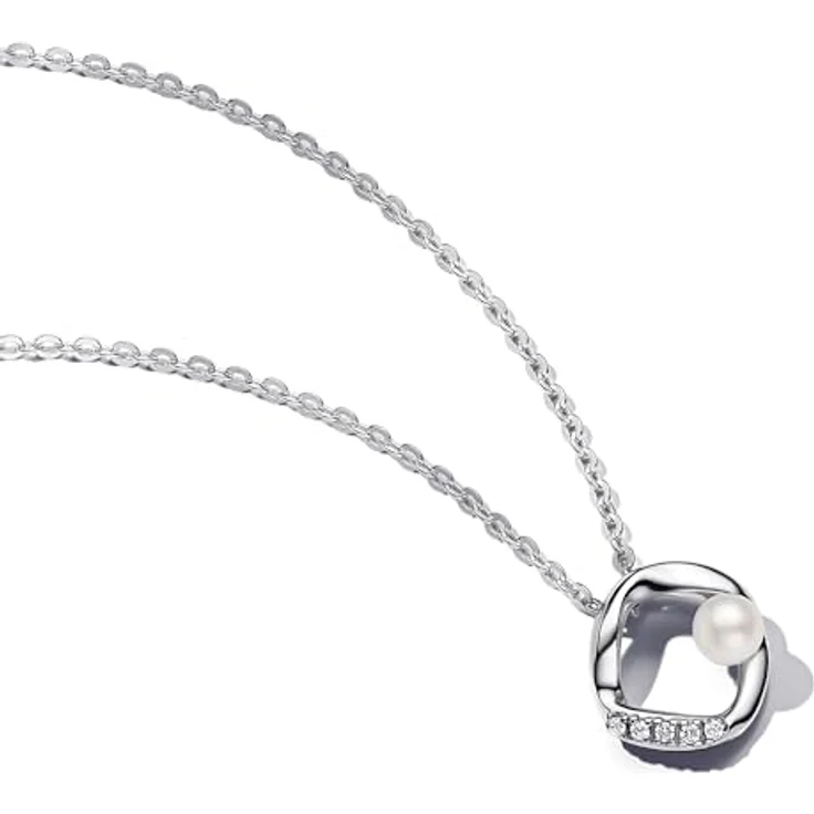 PANDORA Essence Organisch Geformter Pavé Kreis & Behandelte Süßwasserzuchtperlen Collier-Halskette aus Sterling Silber mit Zirkonia, 45cm – Bild 1