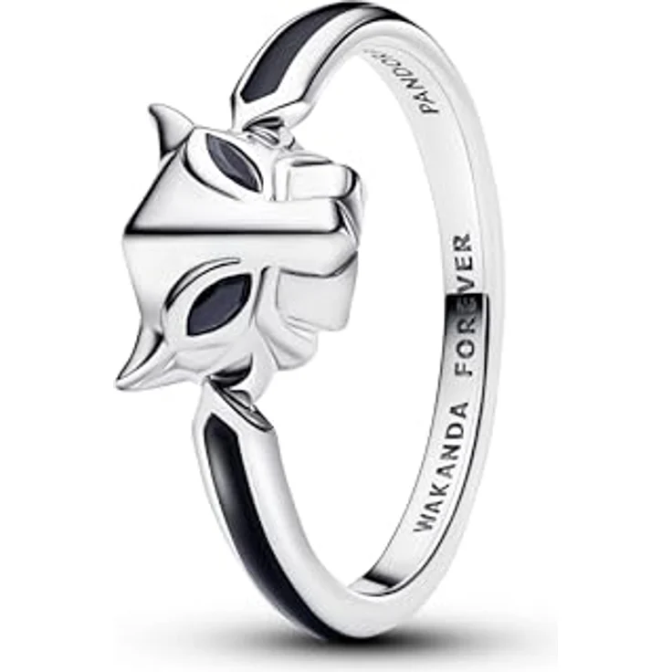 PANDORA Marvel Black Panther Ring, Sterling Silber mit schwarzen künstlichen Kristallen und Emaille, Größe 58, Gravur „WAKANDA FOREVER“ – Bild 2