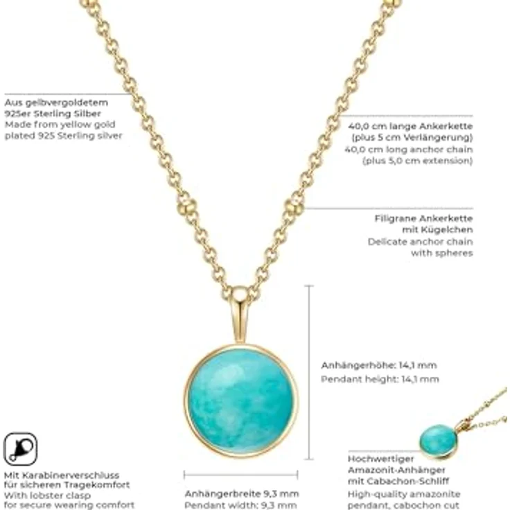 GLANZSTÜCKE MÜNCHEN Damen-Halskette 925/- Sterling Silber gelbvergoldet mit grünem Amazonit-Anhänger, längenverstellbar, hochwertige Edelsteinkette für Frauen – Bild 2