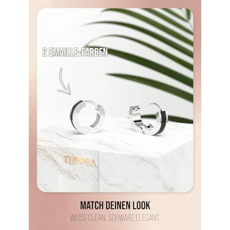 THIORA Creolen Ohrringe Damen, Edelstahl mit Emaille in Silber und Schwarz, 13 mm, wasserfest und nickelrei – Bild 3