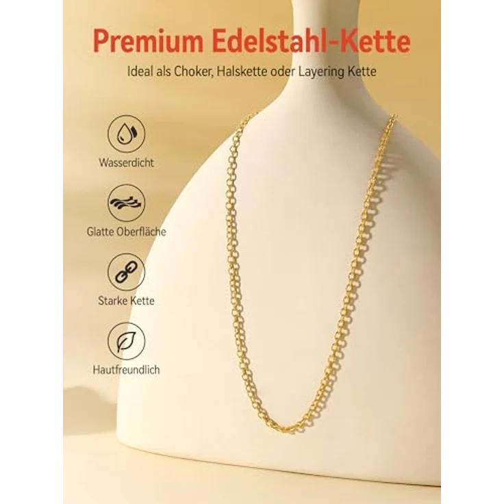 FaithHeart Rolokette Gold, 60CM Edelstahlkette für Damen und Herren, 2,5MM breit, hautverträglich, ohne Anhänger, ideale Freundschaftskette für Geschenke – Bild 3