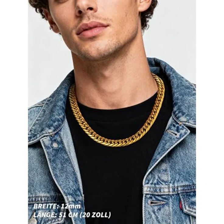 FindChic Herren Gold Panzerkette 12mm, 55cm lang, Cuban Link Edelstahl, allergiefrei mit Geschenkebox – Bild 2