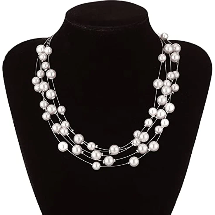 FULU AUTUMN Boho Perlenkette Damen Silber, 17" Mehrreihige Statement Kette in Grau, perfektes Geburtstagsgeschenk – Bild 2