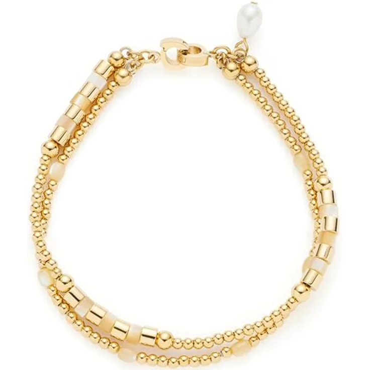 JEWELS BY LEONARDO Armband Caronna, goldfarbene Edelstahl-Arm-Kette mit schimmerndem Perlmutt und Goldkugeln, 19 cm Länge, Clip & Mix System, Geschenk für Frauen, 024918