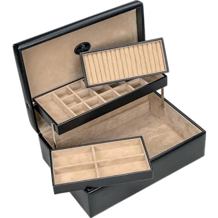 Windrose Charmbox Merino Moda, Schmuckkästchen mit 2 herausnehmbaren Einsätzen, schwarz-legacy, handgefertigt in Lederoptik – Bild 3