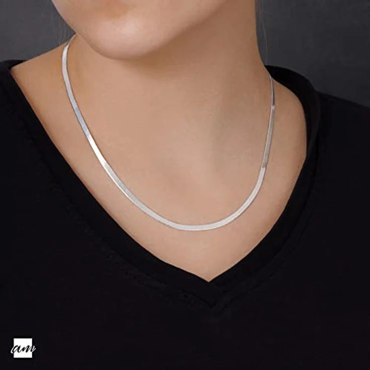 Amberta Damen Flache Schlangen Halskette, 925 Sterling Silber, 3 mm, 50 cm, Fischgrätmuster, Karabinerverschluss – Bild 2