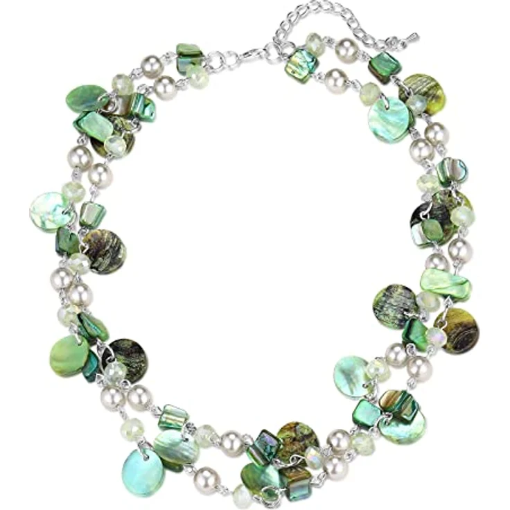 FULU AUTUMN Kristall Perlenkette Boho Muschelkette, 18 Zoll + 2.7 Zoll Verlängerung, grün, handgefertigt, eleganter Modeschmuck für Damen – Bild 1