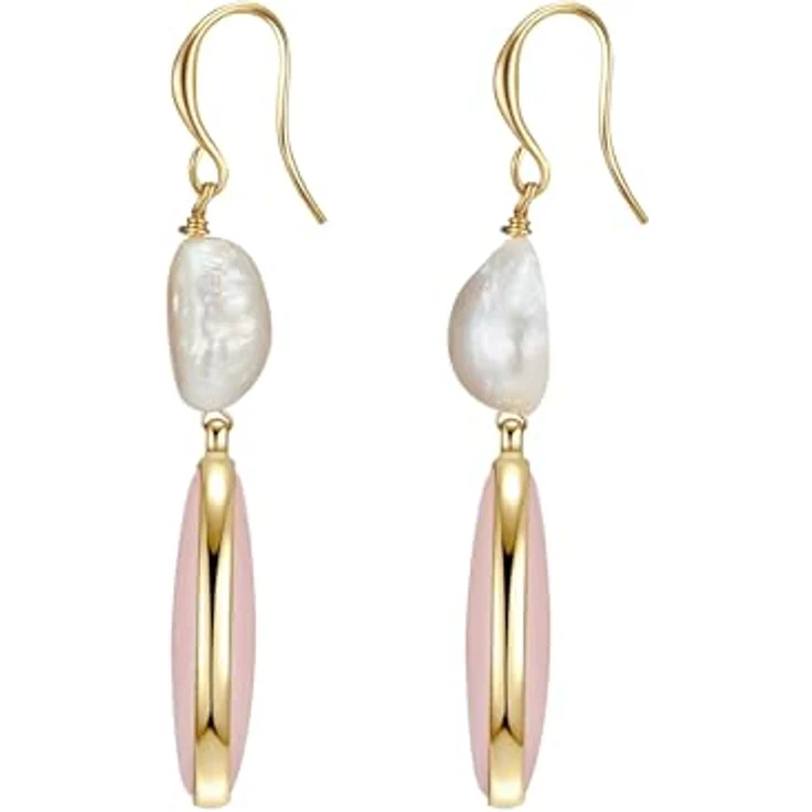 Lulu & Jane Damen Ohrhänger aus Messing in Roségold-Optik mit Süßwasser-Zuchtperle und Naturstein, Höhe 55 mm – Bild 2