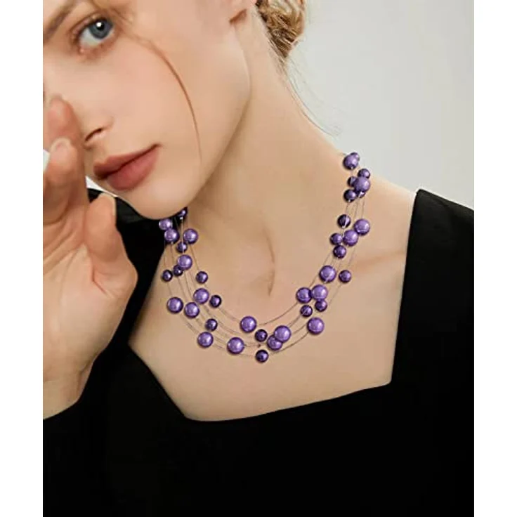 FULU AUTUMN Boho Perlenkette Damen Silber, mehrreihige Statement Kette in Lila, 17" + 2.7" Verlängerung, Geschenkbox – Bild 3