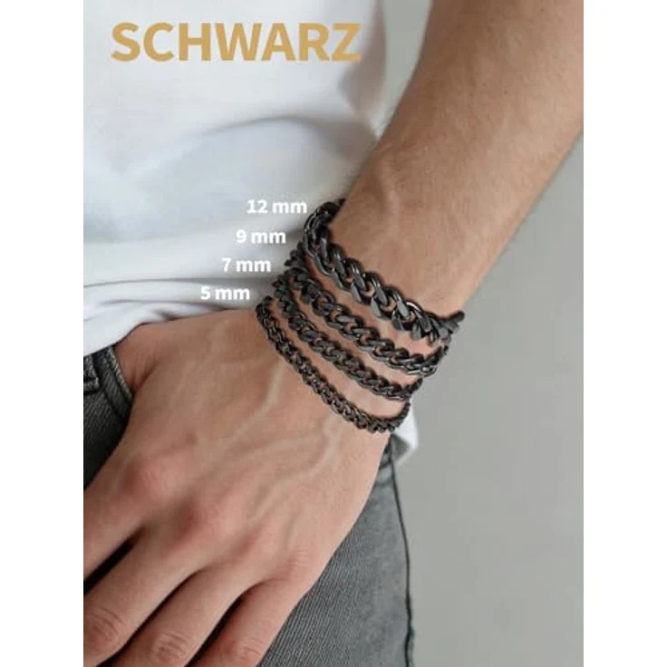 FindChic Herren Armband Schwarz Panzerkette aus Edelstahl, 9mm breit, 19cm lang, robustes Design für Hip Hop und Streetwear – Bild 4