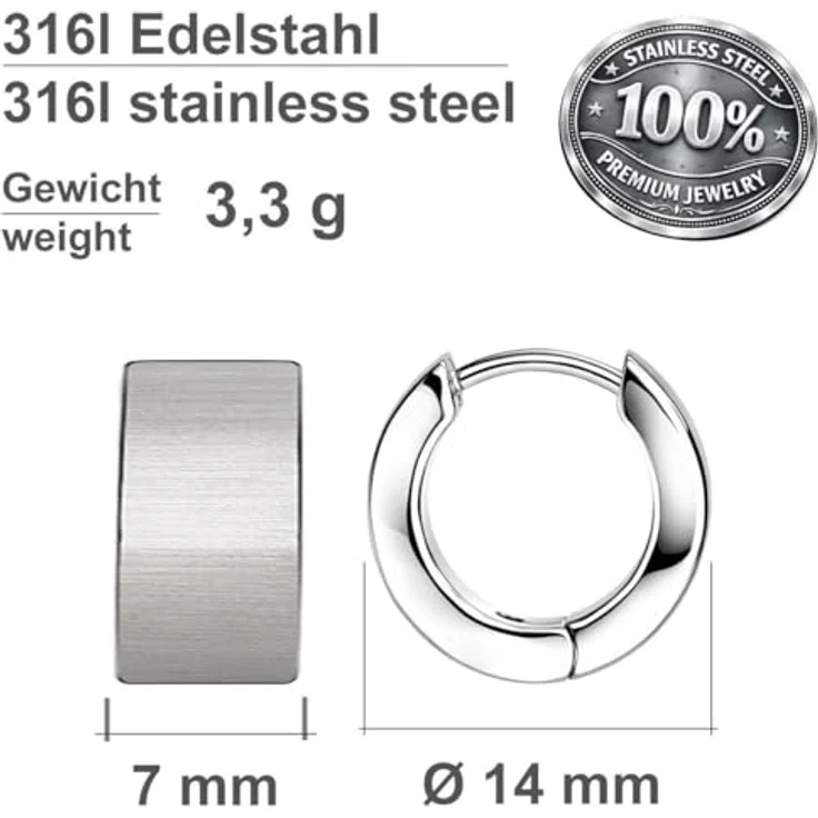 Soul-Cats Creolen, silber gebürstet aus Edelstahl, Unisex Ohrringe für Damen & Herren, Ø 14mm / 7mm breit, hypoallergen und robust – Bild 2