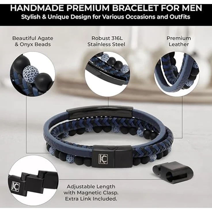 KC Premium Männer Lederarmband mit Agate Onyx Perlen, handgemacht, größenverstellbar, Magnetverschluss, inspirierende Gravur "Follow Your Passion", schwarz-blau, in Geschenk Schmuckbox – Bild 3