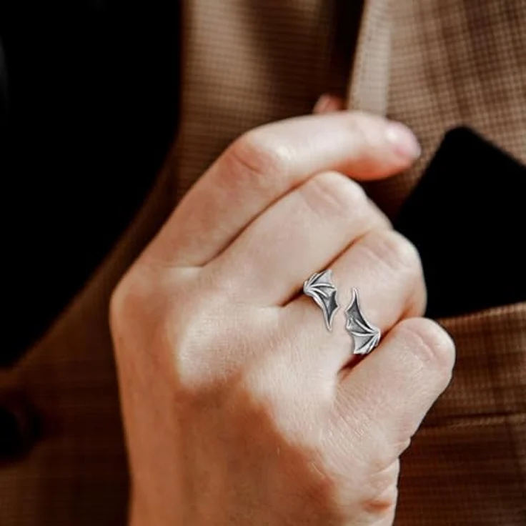 KONFEN Flügel Herren Ring, Wikinger Verstellbarer Ring aus hypoallergenem Material, Silber, Vintage Hip Pop Offenes Design für Herren mit einzigartiger Textur – Bild 3