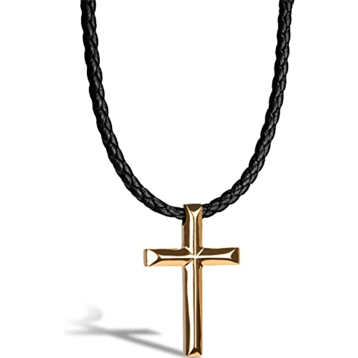 SERASAR Lederkette Herren, Halskette mit Kreuz Anhänger, 60cm goldfarbene Echtleder Kette in Schmuckschatulle für Männer – Bild 1