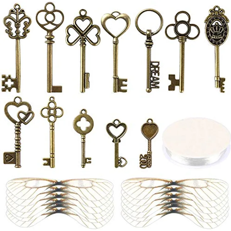 SANNIX Vintage Skelett Schlüssel Set, 48 Stück mit 50 Paar weißen Libellenflügeln und 30m elastischer Kristallschnur für DIY Schmuckherstellung und Dekoration
