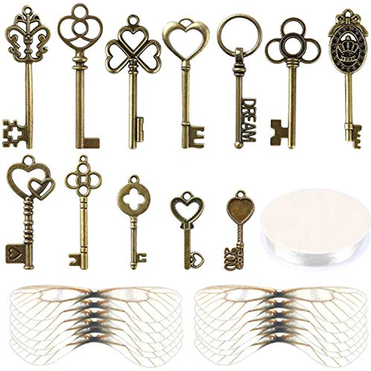 SANNIX Vintage Skelett Schlüssel Set, 48 Stück mit 50 Paar weißen Libellenflügeln und 30m elastischer Kristallschnur für DIY Schmuckherstellung und Dekoration – Bild 1