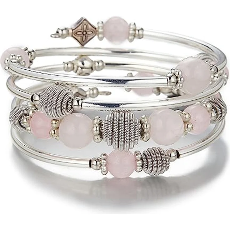 Bulinlin Silber Wickelarmband mit Naturstein Perlen, Boho Mehrschichtiges Damen Armband in Rosa Kristall, perfektes Geburtstags Modegeschenk – Bild 1
