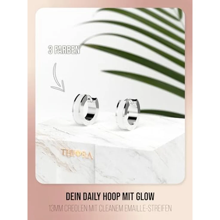 THIORA Creolen Ohrringe Damen, Edelstahl mit weißem Emaille-Detail, 13 mm, wasserfest und nickelfrei – Bild 2