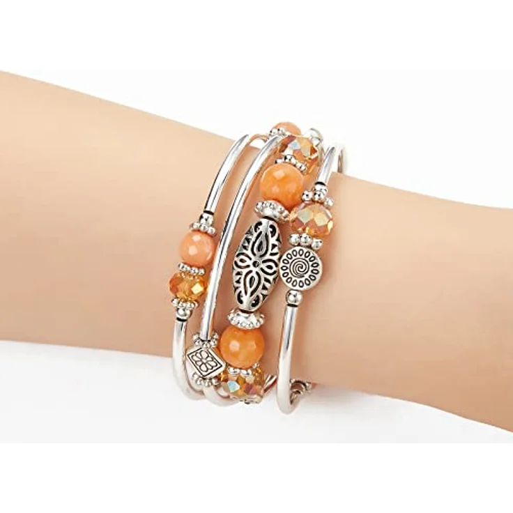 FULU AUTUMN Damen Boho Armband, Mehrschichtiges Perlen Silber Wickelarmband, Geschenk zum Geburtstag und Muttertag, Orange – Bild 5