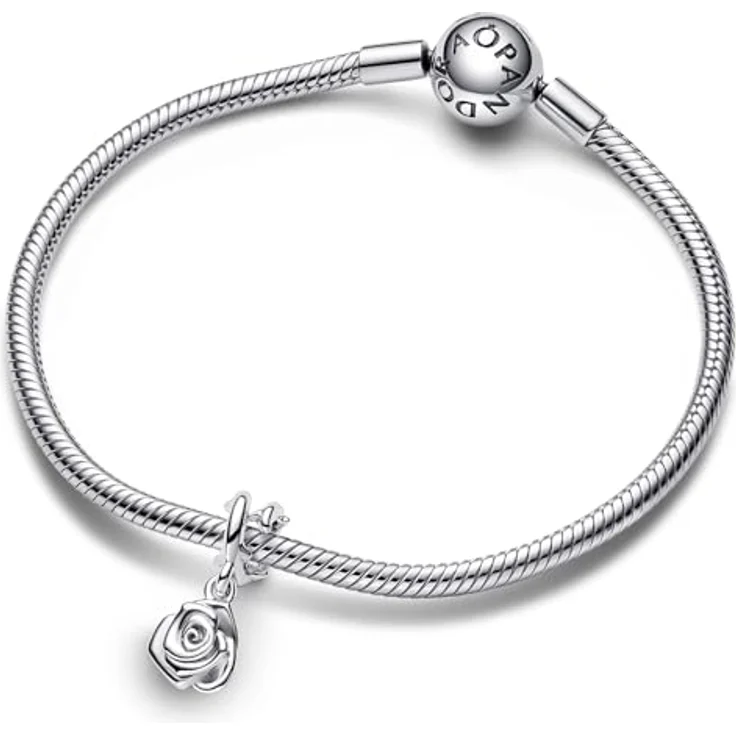 PANDORA Damen-Halskette Blühende Rose, Silber, Ankerkette mit Karabinerverschluss und Blumenmotiv – Bild 4