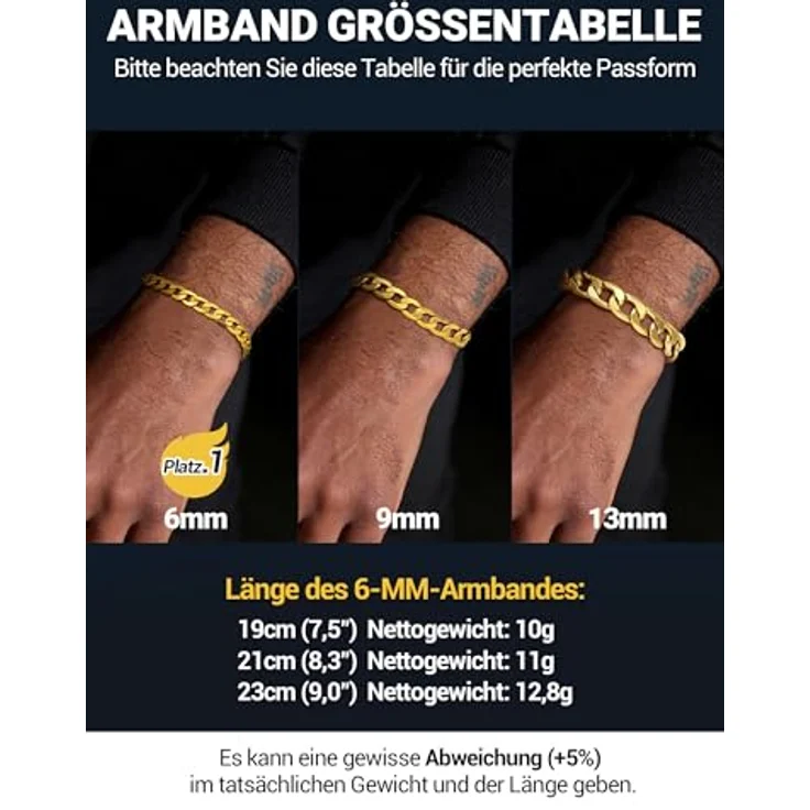 PROSTEEL Panzerarmband Herren aus 316L Edelstahl, 21 cm lang, 6 mm breit, in Gold, wasserdicht und klassisches Miami Design – Bild 2