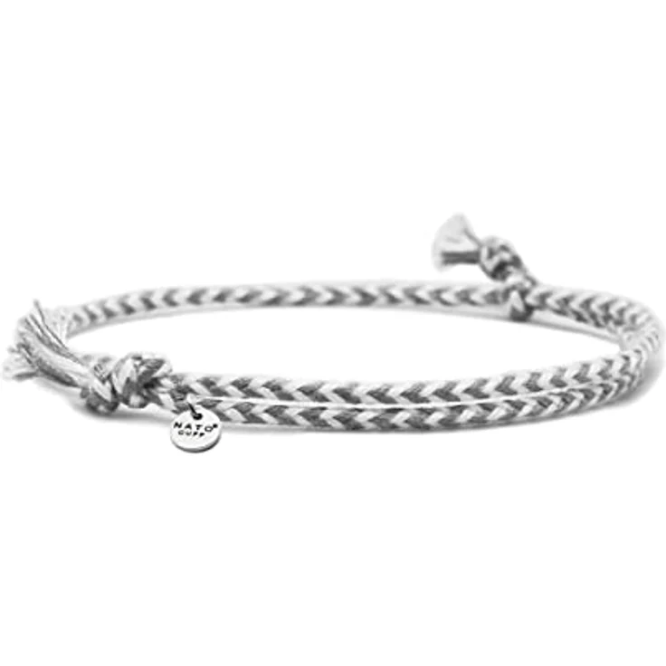 Nato Cuff Geflochtenes Baumwollarmband, handgefertigt in Frankreich, Edelstahlmedaille 316L, verstellbar, grau-weiß – Bild 1