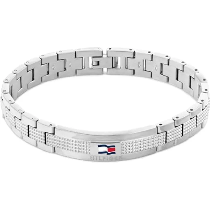 Tommy Hilfiger Jewelry Gliederarmband für Herren aus Edelstahl, 19 cm, schwarz oder silber mit Faltverschluss und Flaggenlogo