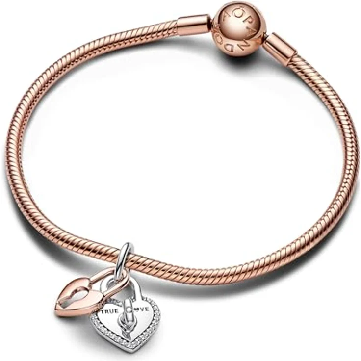 PANDORA Moments Bicolor Drehbares Herz-Schloss Doppelter Charm-Anhänger, Sterling Silber mit 14 Karat rosévergoldeter Metalllegierung und Zirkonia, kompatibel mit Moments Armbändern – Bild 3