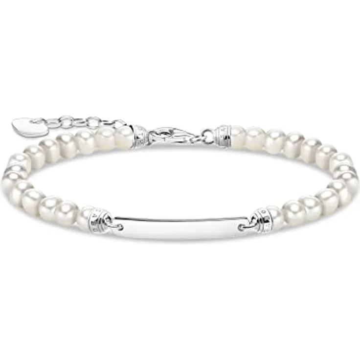 THOMAS SABO Damen Armband mit weißen Süßwasserzuchtperlen und Gravur-Steg aus 925er Sterlingsilber, verstellbar von 16cm bis 19cm, A2042-082-14-L19V